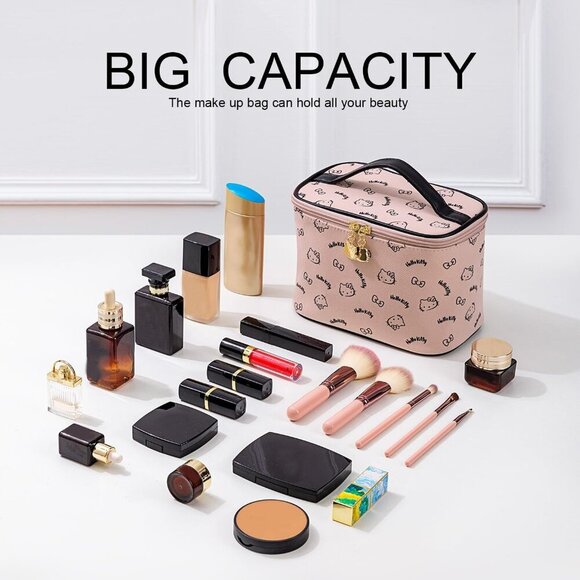 Large Cotton Travel Cosmetic Bag Organizer with Brush Holder for Women - Picture 3 of 7